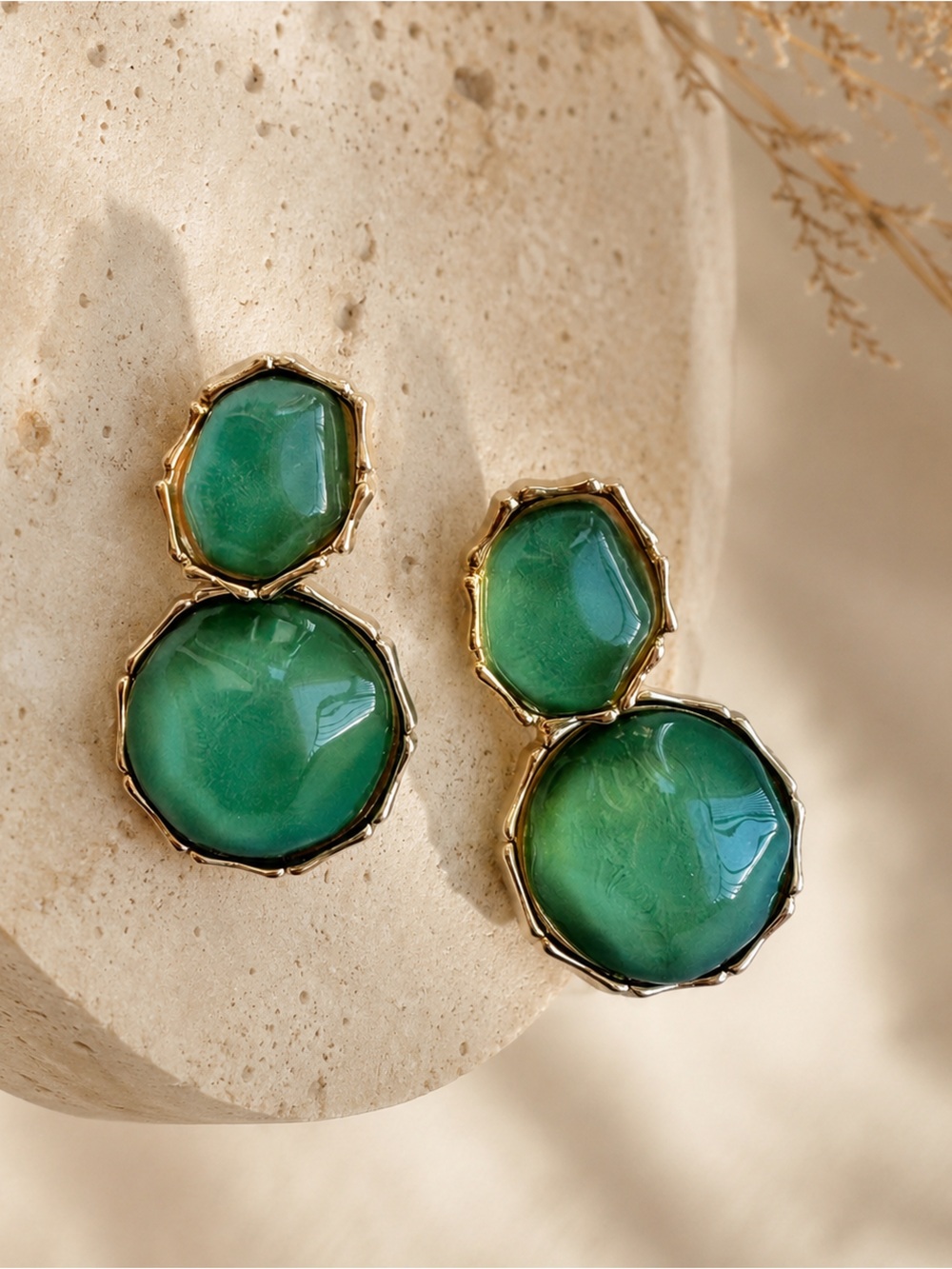 Gold-Tone Earrings with Green Cabochons - Picture 3 of 5